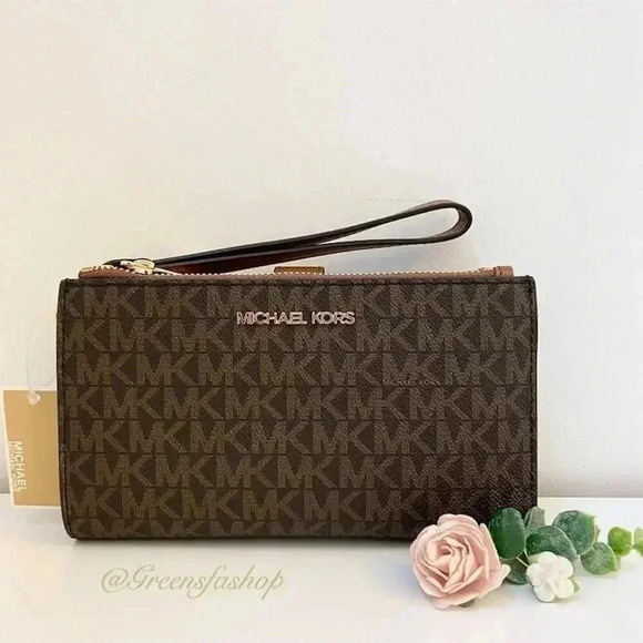 Michael Kors Double Zip Wallet With Wristlet  brown signature - Picture 1 of 3